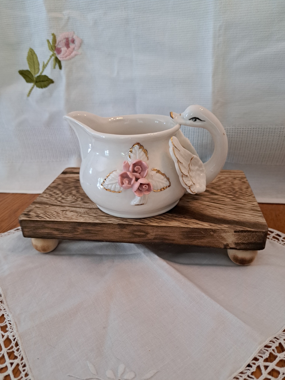 (Rare)Vintage White Swan Ceramic Creamer with Pink Rose Accents